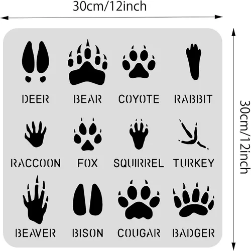 Vista 3 de BENECREAT 12 plantillas de huellas de animales, 12 x 12 pulgadas, plantillas de dibujo de ciervos/osos/conejos/zorros/pavo, para pintura de pared