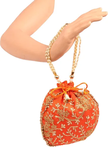 Vista 2 de Touchstone Bolsa tradicional india bordada a mano para regalos de compras, joyería de boda, perlas de imitación, cuerda con cordón para mujer.