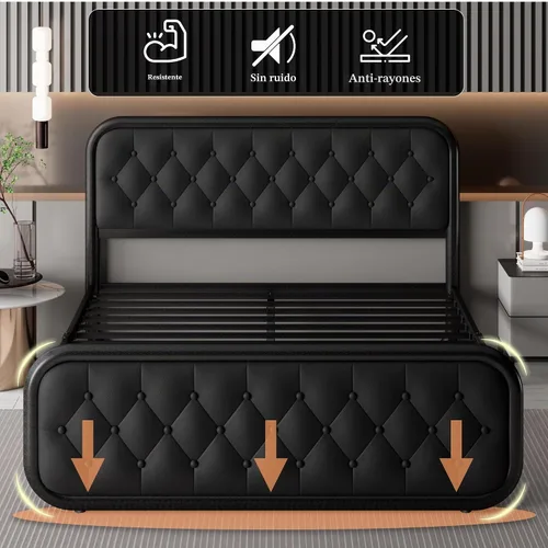 Vista 5 de Feonase Marco de cama tamaño completo, marco de cama resistente con cabecera de piel sintética, cama de plataforma tapizada con listones de metal