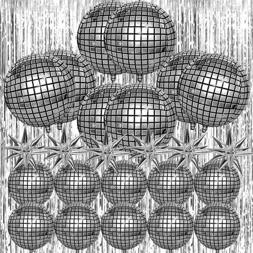 Vista 2 de 24 globos de bola de discoteca con 3 cortinas de flecos de aluminio, enormes globos de aluminio de estrella de explosión plateada para cumpleaños