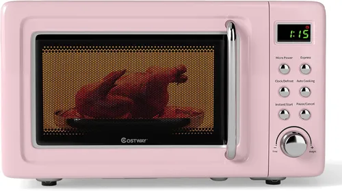Vista 12 de COSTWAY horno microondas de encimera, 0.7 pies cúbicos, hornos microondas con 5 niveles de micro potencia, función de inicio diferido, plato