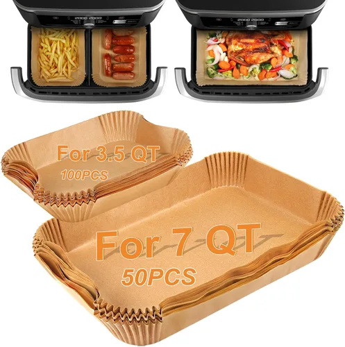 Vista 10 de BYKITCHEN 300 piezas de revestimientos para freidora de aire para Ninja Dual Airfryer, papel pergamino desechable rectangular para freidora de aire