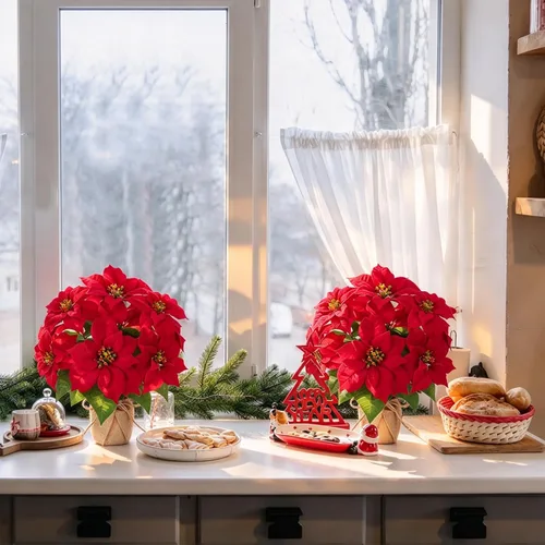 Vista 4 de Mini árbol de Navidad con flores artificiales en maceta 1cs pequeño en maceta-13 pulgadas