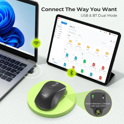 Vista 2 de seenda Ratón inalámbrico Bluetooth, Bluetooth y modo dual USB de 2.4G, clics silenciosos, seguimiento suave de 1600 DPI, diseño ergonómico, duración