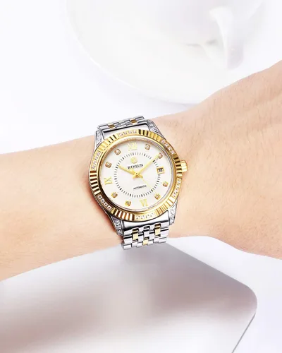 Vista 7 de BINLUN Reloj mecánico automático de oro para hombre, correa de cuerda automática respetuosa con la piel, chapado en oro de 18 quilates, relojes