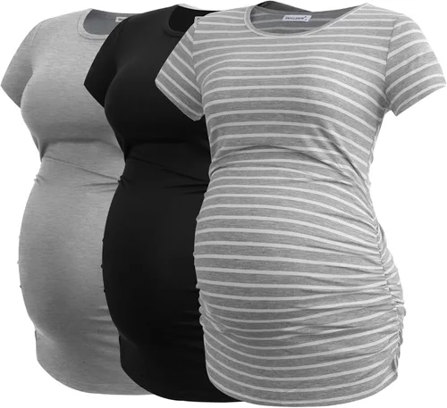 Vista 28 de Smallshow - Camiseta de maternidad para mujer, lados fruncidos, tipo túnica, prendas para el embarazo Verde militar-negro-gris profundo