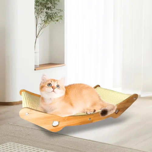 Vista 7 de Cama rascador de sisal para gatos, hamaca de madera natural, almohadilla rascador extra grande