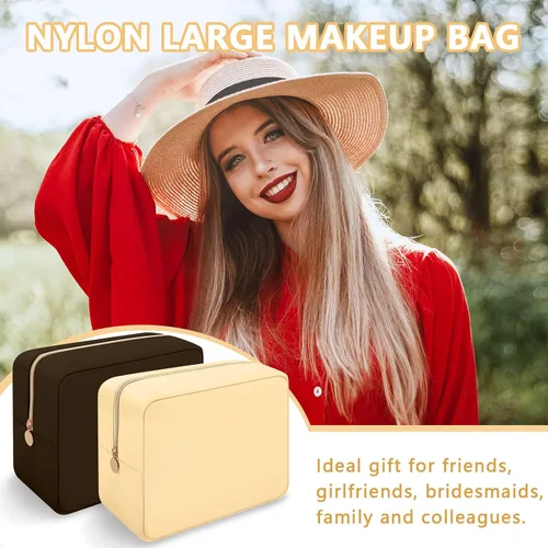 Vista 5 de Iqimott Bolsa Grande de Maquillaje de Nylon, Neceser de Viaje, Bolsa Grande de Cosméticos Preppy, Organizador de Maquillaje de Nylon, Bolsa de Beige