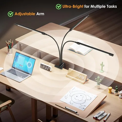 Vista 4 de ShineTech Lámpara de escritorio LED con abrazadera, iluminación ultra ancha de 3 cabezales, 4 modos de color, lámpara de trabajo de cuello de cisne