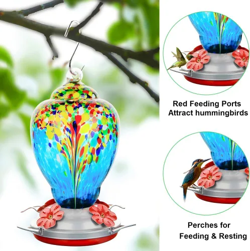 Vista 2 de WOSIBO Comedero para colibríes para exteriores, patio, grande, 32 onzas, comedero para colibríes de vidrio soplado a mano colorido con foso