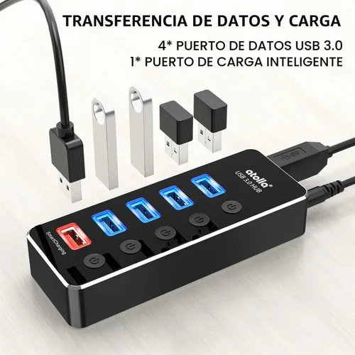 Vista 3 de Concentrador USB con alimentación, atolla Concentrador USB de aluminio de 5 puertos USB 3.0 con 4 puertos de datos USB 3.0 y 1 puerto de carga