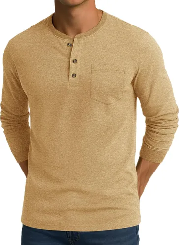 Vista 20 de CRYSULLY Camisa de manga larga para hombre, de algodón, con bolsillo de 3 botones, camisetas casuales elegantes ligeras tipo pullover