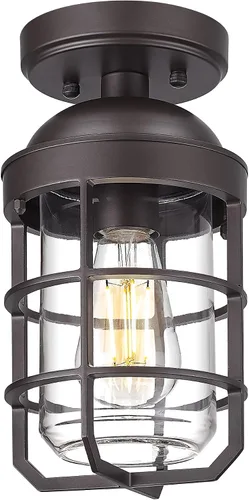 Vista 10 de Emliviar Lámpara de techo estilo granja, luz semiempotrada vintage para interior, luz de seguridad con vidrio templado transparente, acabado