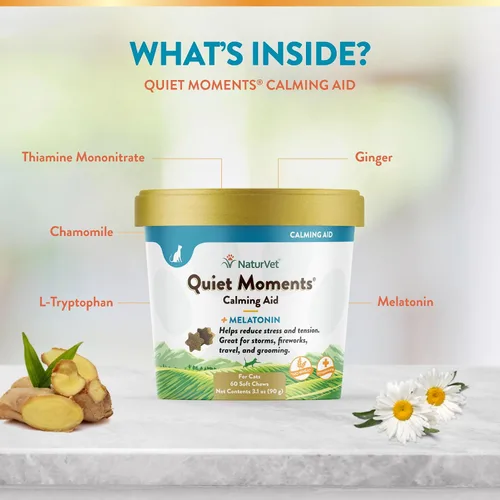 Vista 5 de NaturVet – Quiet Moments Ayuda Calmante para Gatos Plus Melatonina – 60 Masticables Suaves – Ayuda a Reducir el Estrés y Promover la Relajación