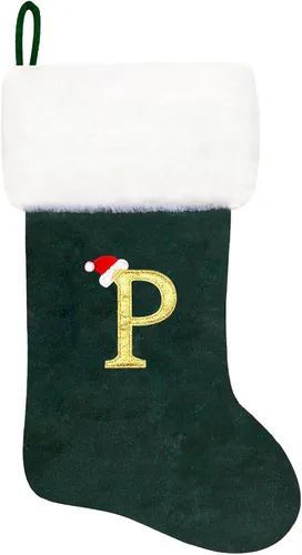 Vista 31 de Calcetines de Navidad bordados de 20 pulgadas con monograma, terciopelo negro con puño de felpa blanca supersuave, adornos clásicos para decoración