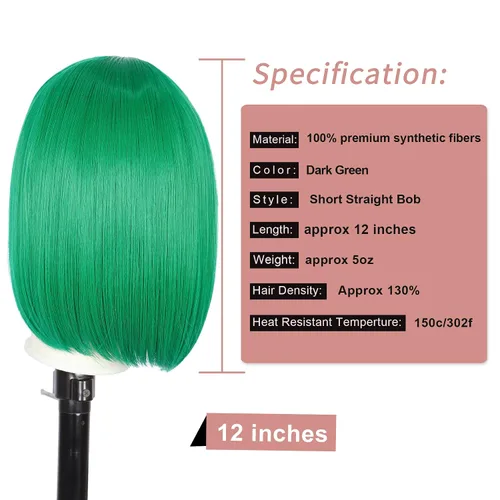 Vista 7 de THZ Peluca corta para mujer resistente al calor Verde oscuro