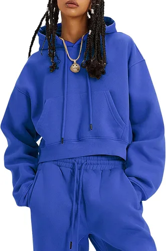 Vista 14 de COZYPOIN Conjunto de 2 piezas de forro polar para mujer, sudadera corta y pantalones con capucha Beige