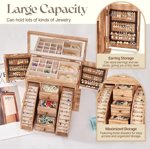 Vista 5 de Joyero organizador, cajas de joyería de madera maciza para mujeres con espejo, caja organizadora de joyas grande para exhibir aretes, collar