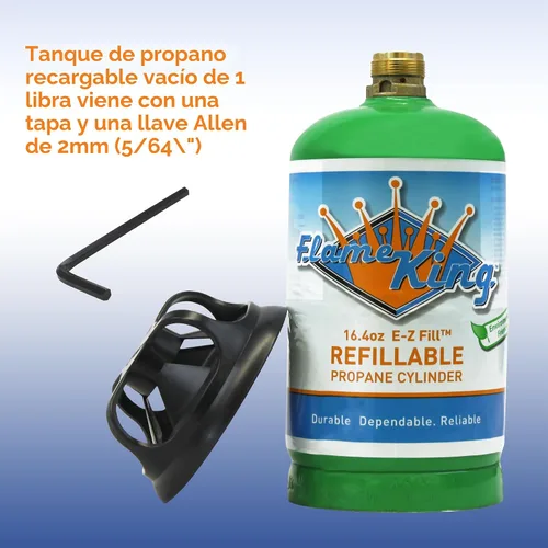 Vista 5 de Flame King – Cilindro de propano recargable de 1 lb (16.4 oz) vacío, opción de recarga reutilizable, segura y legal, cumple con DOT, para acampar