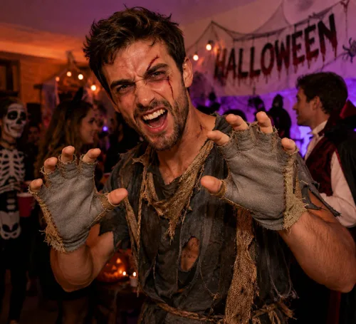 Vista 2 de Guantes de disfraz de espantapájaros de Halloween, arpillera para cosplay