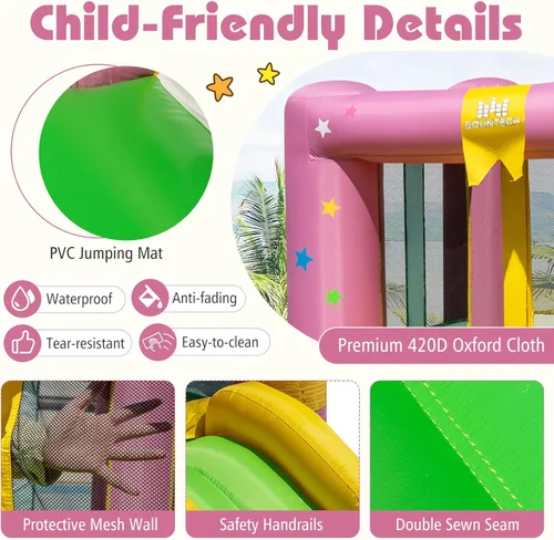 Vista 7 de BOUNTECH Casa inflable de rebote para niños de 3 a 12 años para interiores y exteriores con soplador de 480 W, área de salto, tobogán, juego