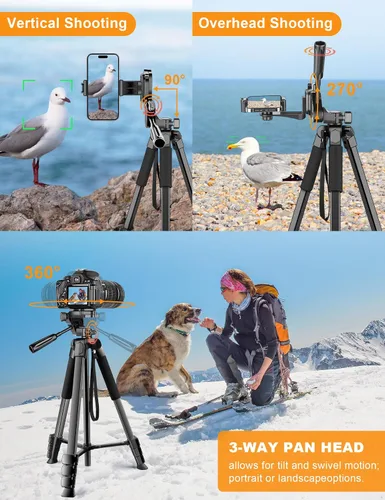 Vista 5 de Trípode para cámara de teléfono, soporte de trípode DSLR de 67 pulgadas con soporte remoto para teléfono, trípodes de viaje de aluminio para fotos