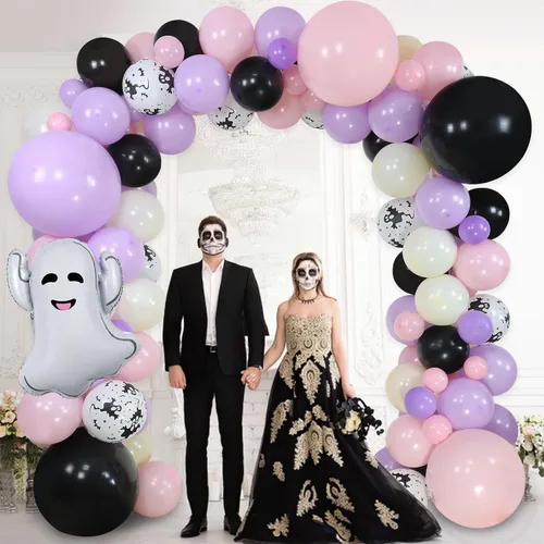Vista 7 de Kit de guirnalda de arco de globos de Halloween rosa, globos de 18 pulgadas, 10 pulgadas, 5 pulgadas, negro, rosa, morado con globos de aluminio