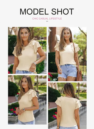 Vista 3 de EVALESS Blusas de verano para mujer, cuello redondo, manga corta, con volantes, color liso, ajustadas, blusas casuales