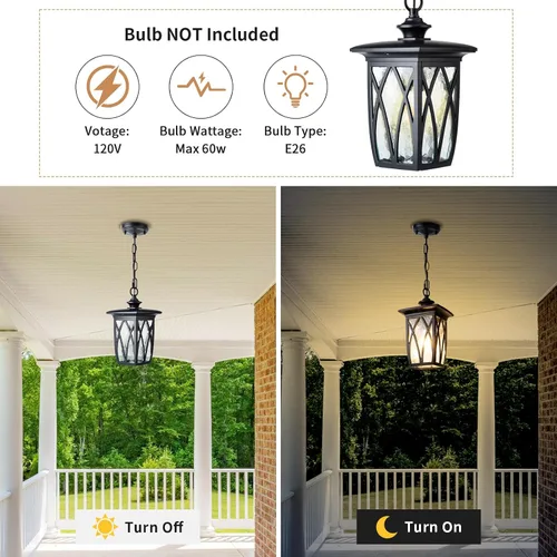 Vista 5 de JYZ Paquete de 2 lámparas colgantes para exteriores, farol colgante exterior de 12 pulgadas, lámpara moderna de metal negro para exteriores, lámpara