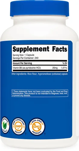 Vista 5 de Nutricost Vitamina B6 (Piridoxina HCl) 25 mg, 240 Cápsulas - Sin OMG, sin gluten y apta para vegetarianos