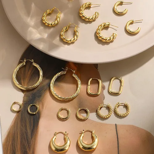 Vista 6 de 9 pares de aretes de aro de oro para mujer, chapados en oro de 14 quilates, ligeros, gruesos, trenzados, para regalo, Latón, No es una piedra