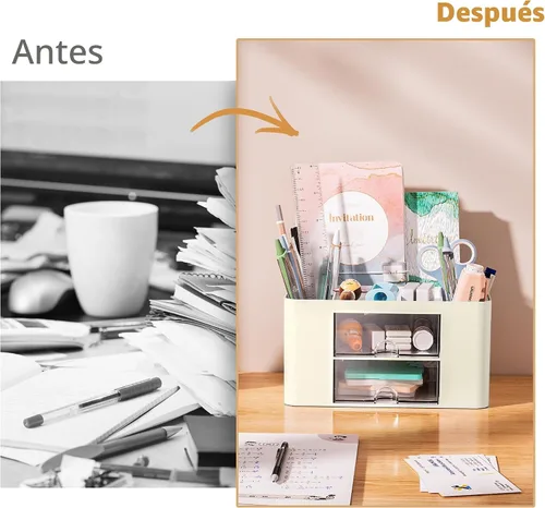 Vista 7 de Marbrasse Organizador de bolígrafos con 2 cajones, portaplumas multifuncional para escritorio, organizadores de escritorio y accesorios con 5