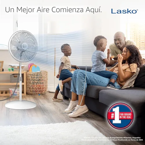 Vista 2 de Ventilador de pedestal oscilante Lasko - Ventilador Lasko con altura ajustable y 3 velocidades de enfriamiento, portátil, 18 pulgadas, color blanco