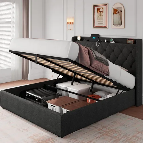 Vista 9 de iPormis Base de cama de almacenamiento elevable de tamaño completo con estación de carga, base de cama de plataforma tapizada con cabecera capitoné