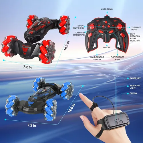 Vista 6 de Auto de acrobacias RC, auto de juguete con control remoto de 2.4 GHz, 4WD, con sensor de gestos, vehículos de doble cara, vehículo todo terreno que