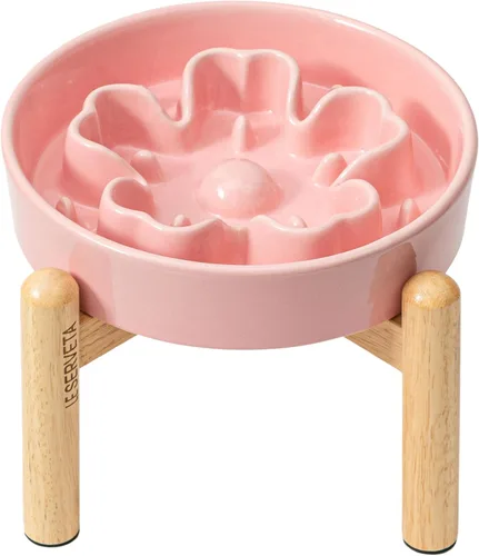Vista 8 de Cuencos de cerámica para perros de alimentación lenta, elevados, 3 tazas, comedero lento elevado con soporte de madera para razas medianas y Azul