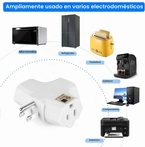 Vista 5 de Adaptador de pared de 3 tomacorrientes en forma de T, extensor de enchufe de 3 clavijas con conexión a tierra, 125 V 1875 W, enchufe de pared