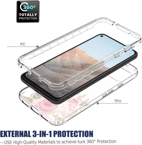 Vista 3 de Funda para Google Pixel 5A 5G con protector de pantalla de vidrio templado, cuerpo completo, lindo diseño floral, a prueba de golpes, funda