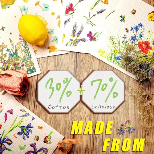 Vista 3 de Geiserailie 6 paños de cocina suecos con mariposas, flores silvestres, paños de cocina reutilizables, esponjas, absorbentes, de secado rápido
