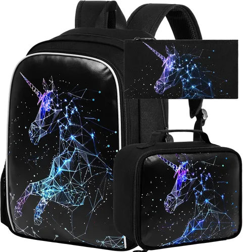 Vista 12 de KLFVB 3 mochilas de sirena de unicornio para niñas, bolsa de libros y lonchera de lentejuelas de 16 pulgadas, mochilas preescolares para primaria