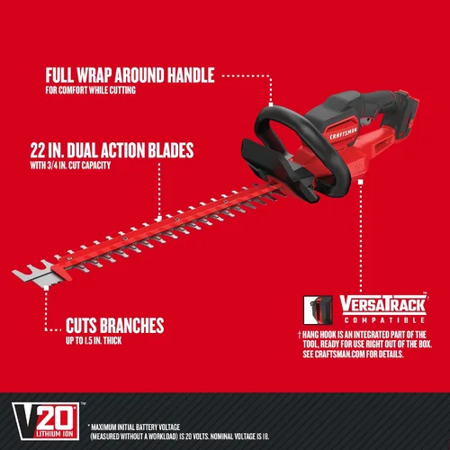 Vista 2 de CRAFTSMAN V20 Cortasetos inalámbrico, 22 pulgadas, solo herramienta (CMCHTS820B)
