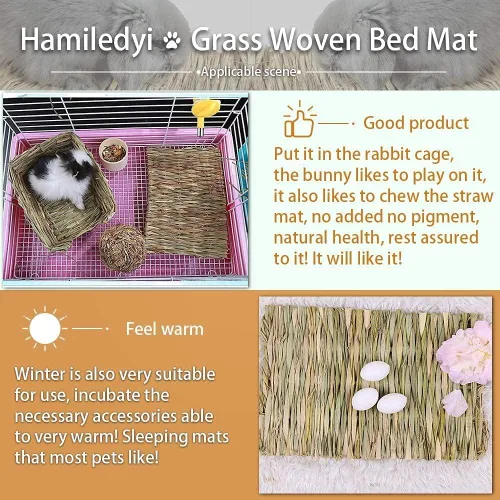 Vista 3 de Hamiledyi Alfombrilla de césped tejida para animales pequeños, 4 piezas de ropa de cama de conejito grande, juguete para masticar, juguete de cama