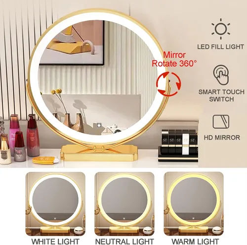 Vista 2 de Tocador para mujer, juego de mesa de maquillaje con 3 cajones, tocador con espejo iluminado y silla, bancos de tocador para ella