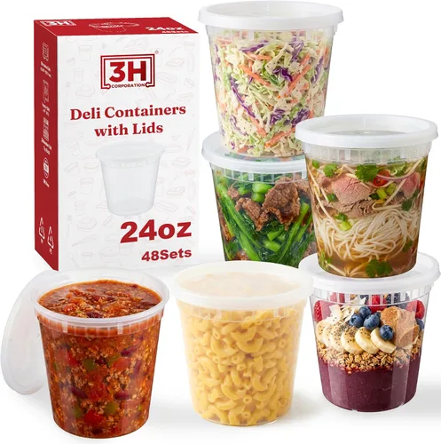 Vista 13 de Recipientes de plástico de 8 onzas con tapas (48 juegos/96 piezas) recipientes de sopa de plástico sin BPA con tapas, aptos para microondas
