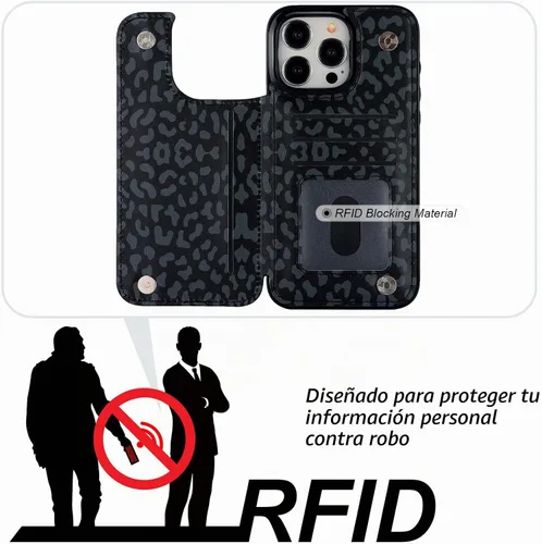 Vista 4 de HAOPINSH Funda tipo cartera para iPhone 15 Pro Max con tarjetero, diseño de leopardo negro y guepardo con tapa trasera, de piel sintética