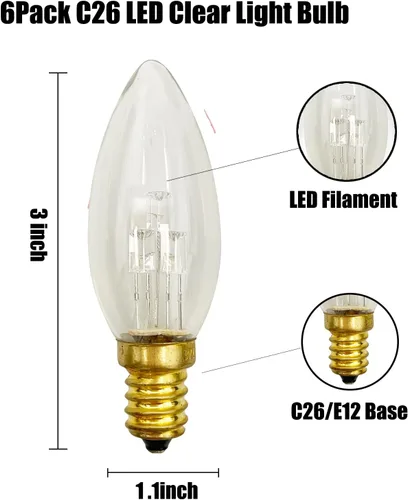 Vista 2 de Paquete de 6 bombillas LED C26 de repuesto, 3 V transparentes con punta de torpedo para candelabros de repuesto para lámparas LED de ventana con C26
