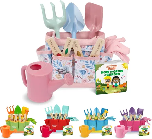 Vista 8 de Herramientas de jardinería rosas para niños: incluye bolsa de mano resistente, regadera, guantes, palas, estacas de jardín y un encantador libro