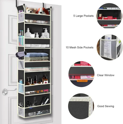 Vista 5 de Organizador para colgar sobre la puerta, 5 estantes y 10 bolsillos laterales, almacenamiento sobre la puerta para baño y dormitorio, organizadores