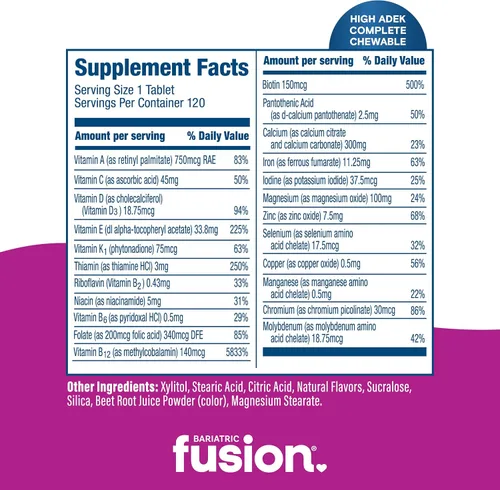 Vista 4 de Bariatric Fusion Multivitamínico masticable con alto contenido de vitaminas ADEK Multi para pacientes con interruptor duodenal Tabletas