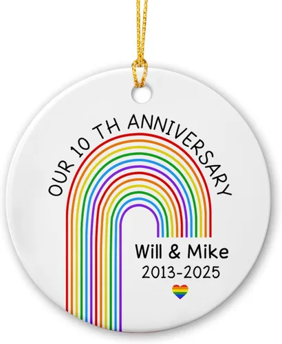 Vista 18 de All for Love - Adorno de cerámica LGBT arcoíris para Navidad 2025, adorno de Navidad personalizado para parejas, orgullo gay/lesbiano, adorno